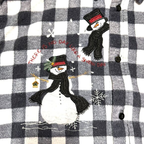 * SOLD * Black & White Plaid Flannel Shirt with Snowman Size M Excellent - Picture 2 of 6